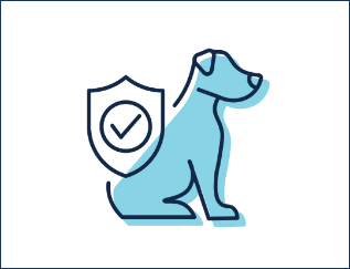 An illustrated icon of a dog with an outline of a shield with a tick within it.