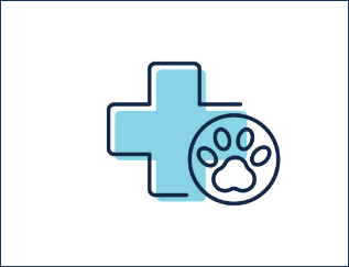 An illustrated icon of a blue cross beside an outline of a paw inside of a circle.