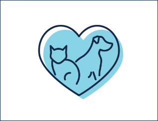 An illustrated icon of a blue heart and an outline of a dog and cat inside of it.